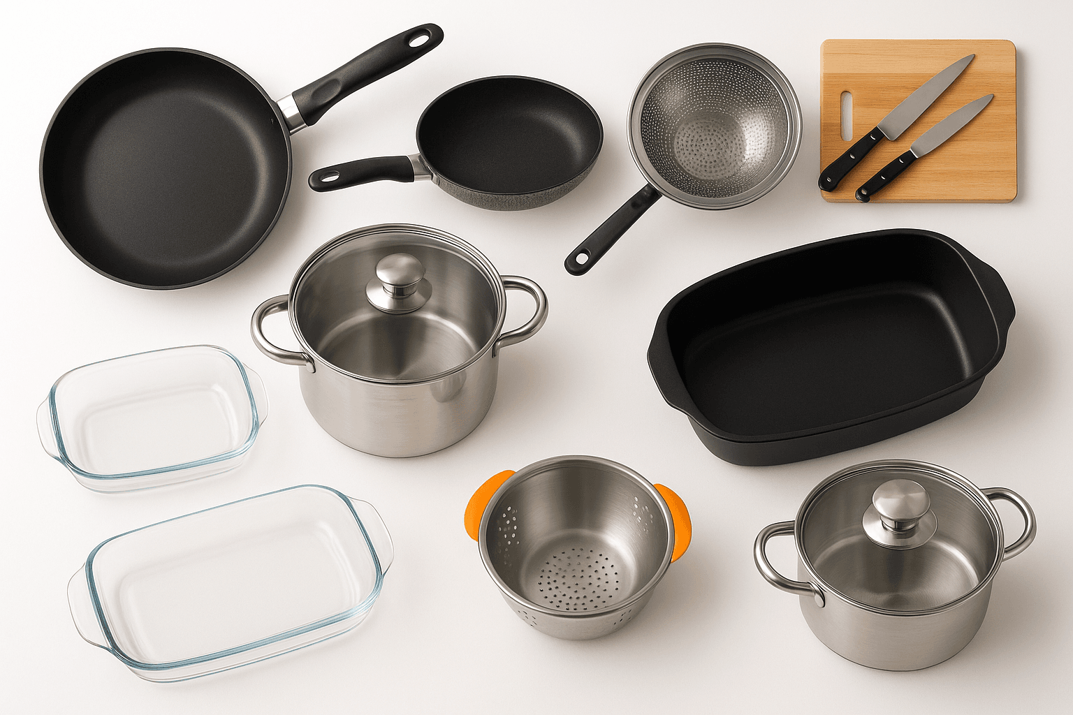 Assortment of safe cookware options including stainless steel pots, cast iron skillets, and ceramic-coated pans arranged on a kitchen counter